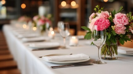 Wedding ceremony planning, A beautifully arranged dining table with elegant tableware and a fresh floral centerpiece, creating a warm and inviting ambiance for guests.
