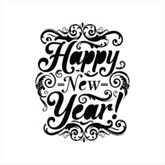 Happy New Year message with ornate Victorian swirl frame, vector illustration on white background