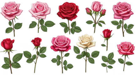 A vibrant collection of intricately detailed, digitally painted roses in various shades of pink, red, and cream, gracefully standing upright with lush green, isolated on transparent background.