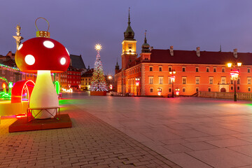 Old Town Buildings in Warsaw Poland with Christmas Lights