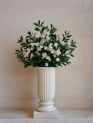 Wedding ceremony planning, A classic white flower arrangement in a decorative vase against a neutral background, adding elegance and freshness to the space.