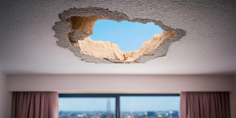 Room having a serious ceiling hole, exposing the sky. Concept of property damage, construction issues, and urgent renovation
