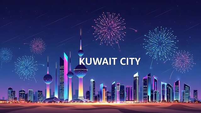 Vibrant vector illustration of the Kuwait City skyline at night with colorful fireworks exploding over iconic skyscrapers and the famous Kuwait Towers.