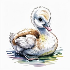 Watercolor Illustration of a Small Duckling on a Calm Water Surface