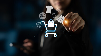 Glowing shopping cart with sale tags, clothing, and mobile items representing online retail marketing and e-commerce promotions Parse