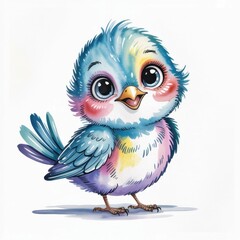 Watercolor Illustration of a Colorful Bird With Big Eyes Standing on a White Background