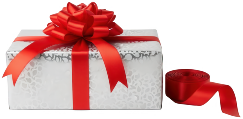 A rectangular gift box wrapped in white paper featuring a subtle grey and black floral pattern, adorned with a large, vibrant red satin ribbon forming a, isolated on transparent background.