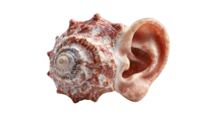 Seashell ear hybrid creating a surreal listening concept with ocean sound and transparent background