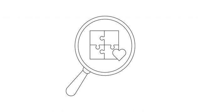 Magnifying glass focusing on a fourpiece puzzle with a heart beside it all in a simple outline style