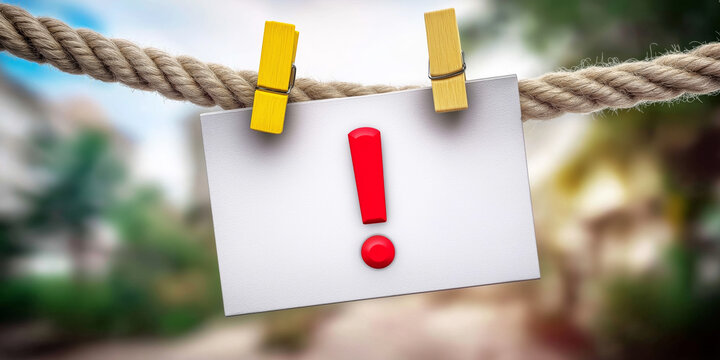 Exclamatory mark symbol hanging on clothesline rope representing important message and warning information