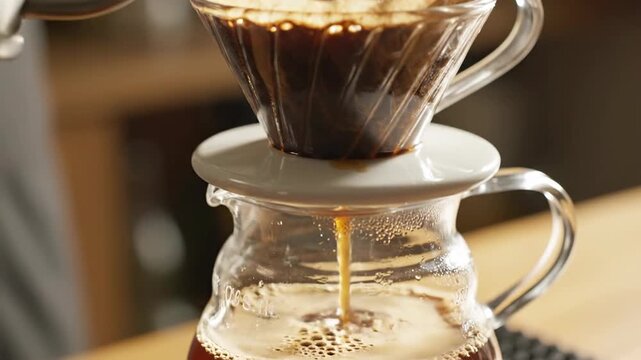 Freshly brewed coffee pouring into glass carafe close up