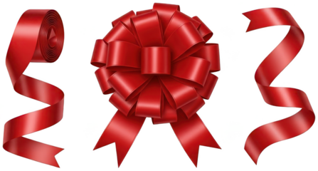 A vibrant, intricately layered, glossy red satin bow with flowing, elegantly curved ribbons gracefully cascading outwards, presented against a transparent, isolated on transparent background.