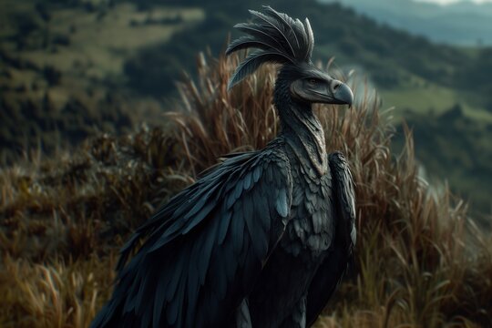 Dark Mythical Bird With Crest Standing In Grassy Highland Wilderness