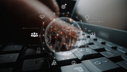 Global business network connecting digital economy and data exchange. Global business expands market, business shares data, global drives finance, and global business supports insight. Marrow