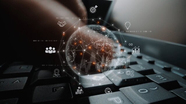 Global business network connecting digital economy and data exchange. Global business expands market, business shares data, global drives finance, and global business supports insight. Marrow - Powered by Adobe