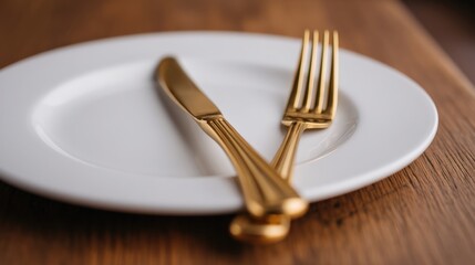 Wedding ceremony planning, A simple white plate with elegant gold cutlery, including a knife and fork, resting on a wooden table, suggesting a refined dining experience.