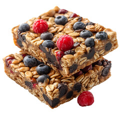 Fototapeta premium Stacked granola bars with berries close up view