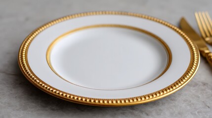 Wedding ceremony planning, A luxurious white plate with a gold rim, set against a textured surface, perfect for elegant dining occasions.