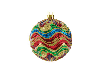 Colorful decorative christmas ornament ball with swirls and glitter isolated transparent background