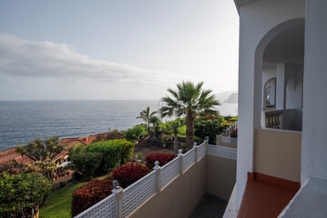 View from a white balcony overlooking lush gardens, palm trees, and the Atlantic Ocean under a soft sky in Puerto de la Cruz, Tenerife, Spain. Peaceful coastal scene with distant cliffs