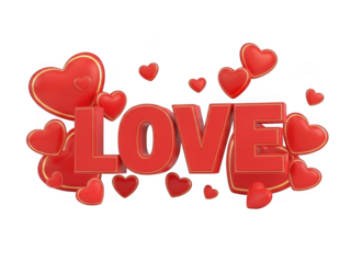 Red hearts surrounding the word love isolated on transparent background