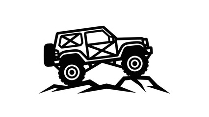 Off road vehicle climbing rocky terrain stylized black and white illustration.