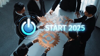 A dynamic business team collaborates using wooden gears to symbolize innovation and strategy while preparing for future goals in 2025 within a modern workspace. Raster