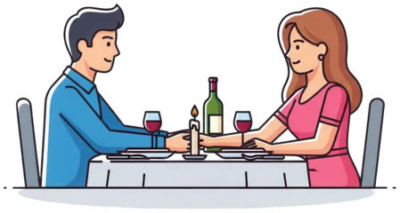 Two stylized cartoon characters, a man and a woman with simple features and vibrant coloring, are depicted in a flat vector illustration style enjoying a, isolated on transparent background.