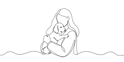 Continuous one line drawing of a dog in their arms, symbolizing animal welfare, line art style vector illustration.