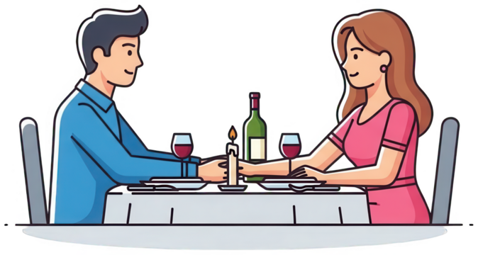 Two stylized cartoon characters, a man and a woman with simple features and vibrant coloring, are depicted in a flat vector illustration style enjoying a, isolated on transparent background. - Powered by Adobe