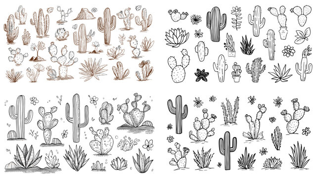 Illustration set of cactus plants in sketch and line art styles designed for desert themes botanical graphics coloring pages and minimalist nature visuals