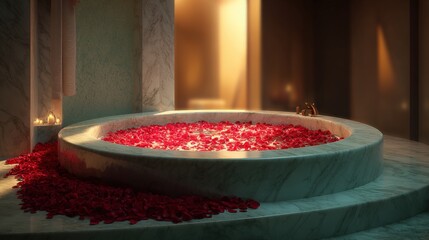 Luxurious bathroom with a round bathtub in the center. the bathtub is made of white marble and is filled with red rose petals that are scattered all over the floor.