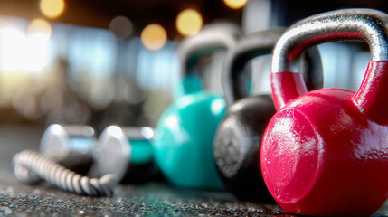 Colorful kettlebells lined up in a modern gym reflecting energy and strength during early morning workouts