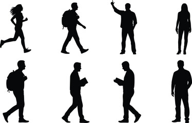 Obraz premium People silhouettes, walking, running, standing, reading, backpack, gestures, daily activities, vector illustration, design elements, lifestyle artwork