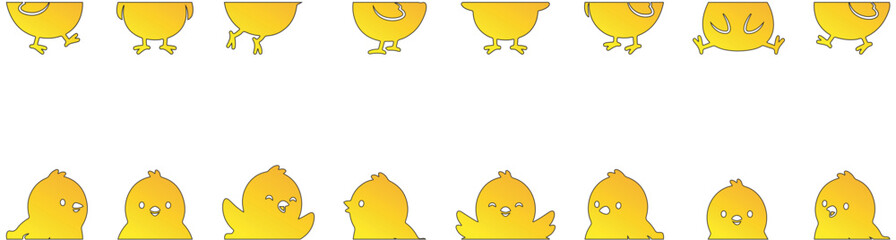 Collection of cute cartoon yellow chicks in various poses and expressions, isolated on a white background. © Riki