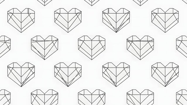 A seamless pattern featuring abstract geometric heart shapes in a minimalist wireframe style - Powered by Adobe