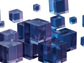 Futuristic translucent blue cubes floating in creative arrangement transparent background