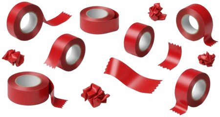 Several vibrant red rolls of adhesive packing tape with a central yellow star design, scattered in a seemingly random arrangement across a white background,, isolated on transparent background.