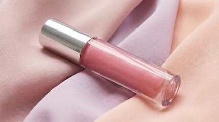 Lip gloss on pastel fabric with soft sheen and gentle color  
