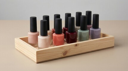 Nail polish bottles in wooden tray on neutral background  