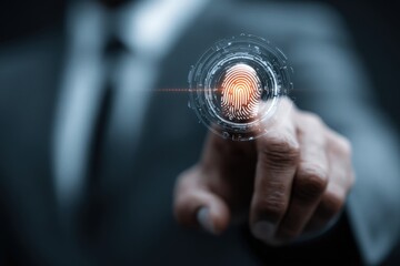 Businessman touches digital lock representing Access Management, User Authentication, Authorization, and Identity Governance in a high-quality setting