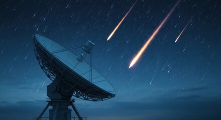 Space observation scene with a radio dish amid meteor shower
