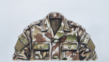 Close Up Of Camouflage Military Jacket With Pockets And Pattern.