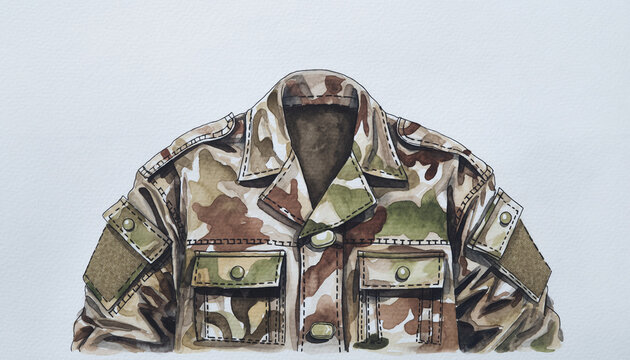 Close Up Of Camouflage Military Jacket With Pockets And Pattern.