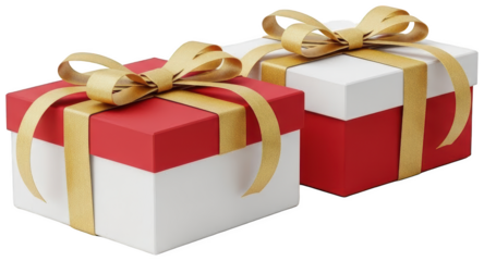 Two rectangular gift boxes, one predominantly white with a red top and the other primarily red with a white top, are elegantly wrapped in shimmering gold ribbon, isolated on transparent background.