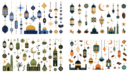 Illustration set of islamic lanterns mosques stars and crescent elements arranged for ramadan eid celebrations religious designs and cultural decorative visuals