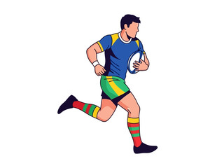 Fototapeta premium A male rugby player in action, running with a rugby ball, wearing a blue and yellow jersey with green, yellow, and red striped socks.
