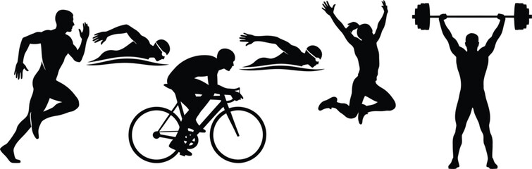 Silhouette vector set of 5 athletic poses runner swimmer cyclist jumper and weightlifter