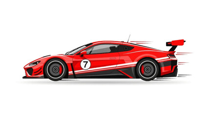 Red sports car illustration with racing stripes and speed effect © Rohim