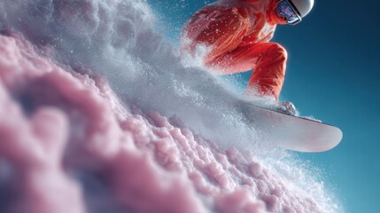 Fototapeta premium Snowboarder in mid-air, performing a trick on a snowy mountain. the snowboard is white and the rider is wearing an orange suit and a white helmet.